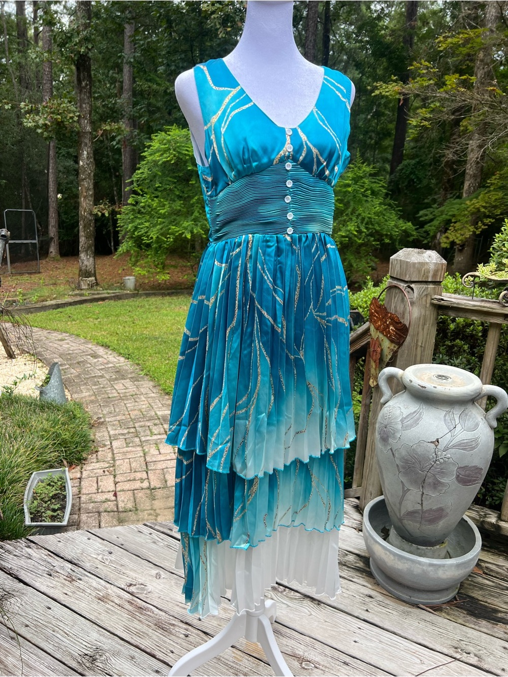 Teal Ombre Abstract Print Layered Pleated Midi Dress Size Small